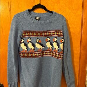 Lands' End Cozy Persian Blue Puffins Sweater